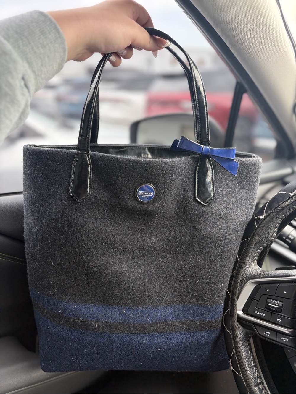 Coach Gray & Navy Wool Tote with Blue Bow